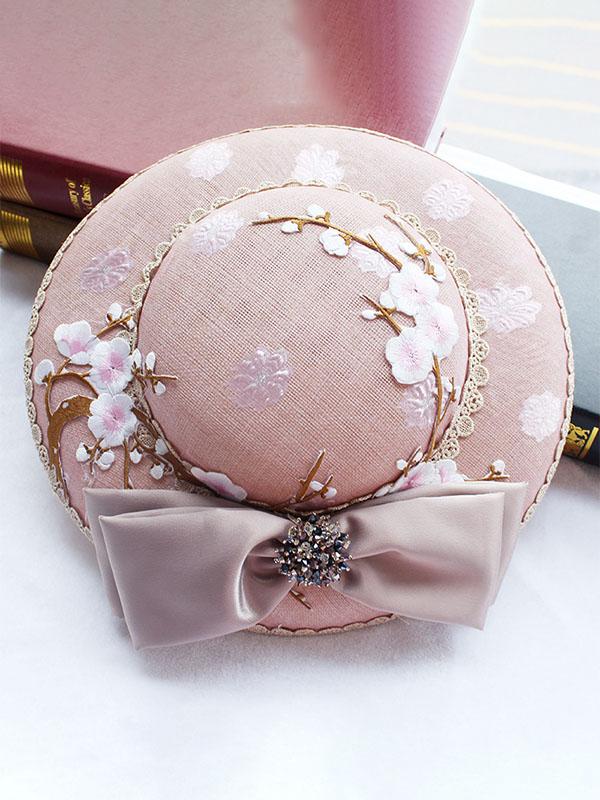 Pink Plum Embroidery Flower And Bow Rhinestone Decoration 1950S Hat 