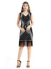 Load image into Gallery viewer, Black Gold 1920s V Neck Sequined Fringed Flapper Dress