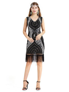 Black Gold 1920s V Neck Sequined Fringed Flapper Dress
