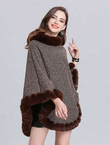 Women Woolen Poncho Faux Fur Shawl Collar Oversized Winter Coat
