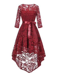 Lace O Neck 3/4 Length Sleeve High Low Hem Vintage Dress