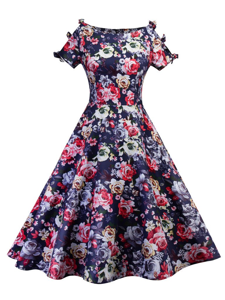 Floral Print Cut Out Bows Short Sleeve A Line Vintage Dress, Rose / L Floral Print Cut Out Bows Short Sleeve A Line Vintage Dress, Rose / L