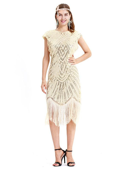 Gold 1920s Crew Neck  Cape Sequined Fringed Flapper Dres