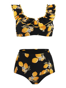 Floral Retro Style Slide Pleated Two Pieces Bikini Sets