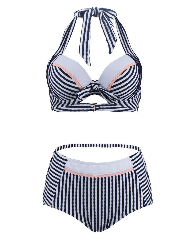 Sexy Retro Style One Piece Striated Swimwear For Beach