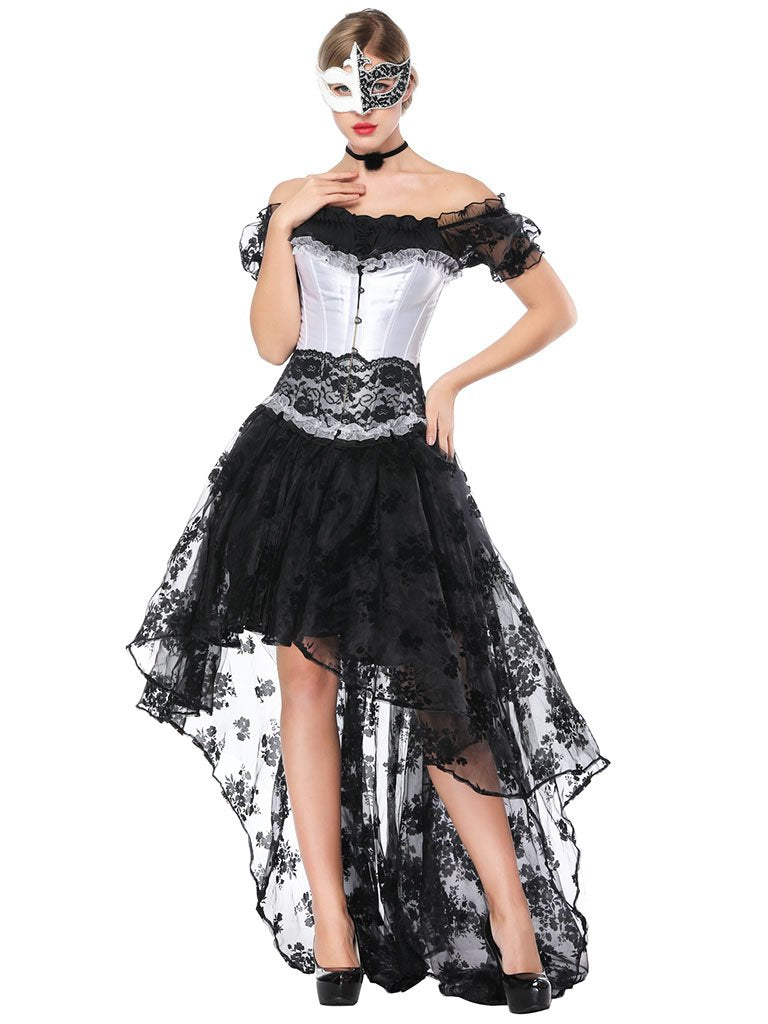Gothic Costume Halloween Women Black Lace Short Sleeve Top Corset And Asymmetrical Skirt, Black+White / 2XL