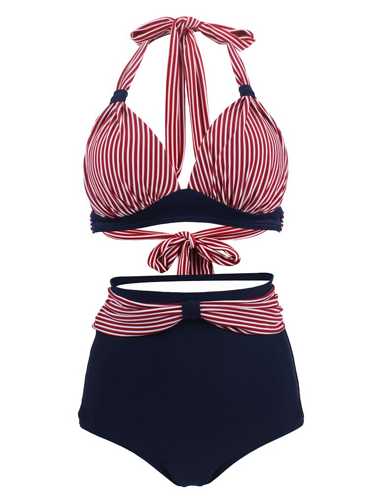 Concise Sexy Backless Retro Style Striated Two Pieces Bikini Sets