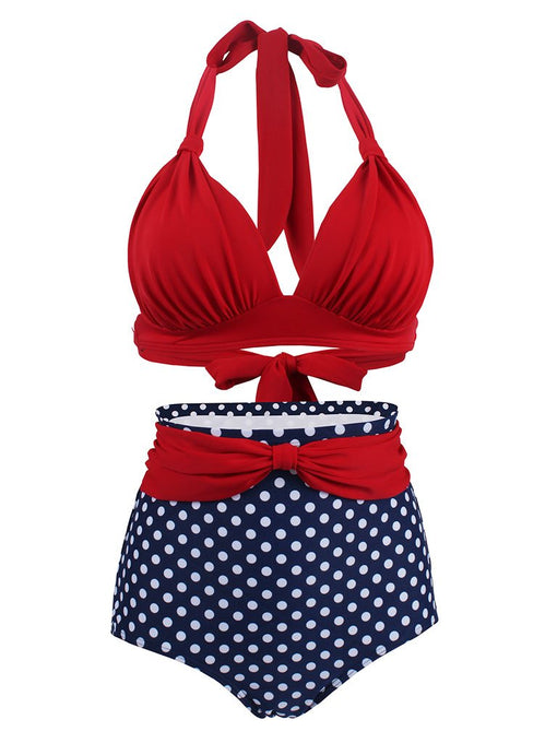 Concise Sexy Backless Retro Style Solid Red Two Pieces Bikini Sets