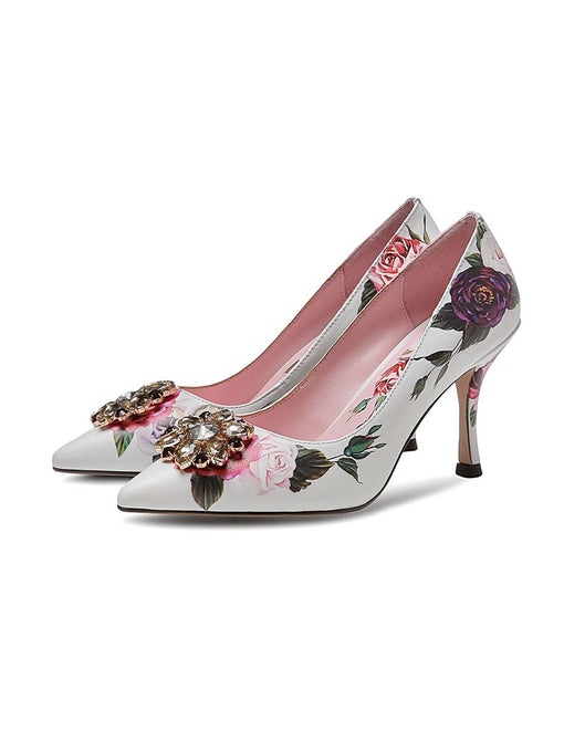 Rose Print Rhinestone Stiletto Heel Vinatge Shoes