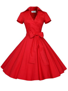 Elegant High Waist V Neck Short Sleeve Solid Color Vintage Dress