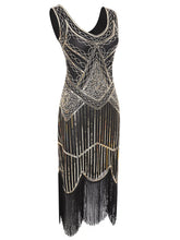 Load image into Gallery viewer, Gold 1920s V Neck Sequined Flapper Dress