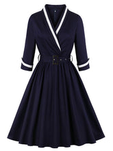 Load image into Gallery viewer, Navy 1950s V Neck Vintage Swing Dress With Belt
