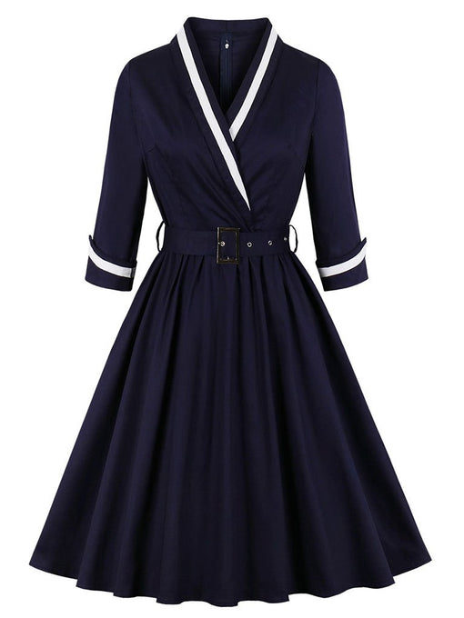 Navy 1950s V Neck Vintage Swing Dress With Belt