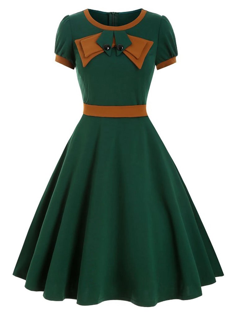 1950S Bow Collar Swing Dress With Belt 