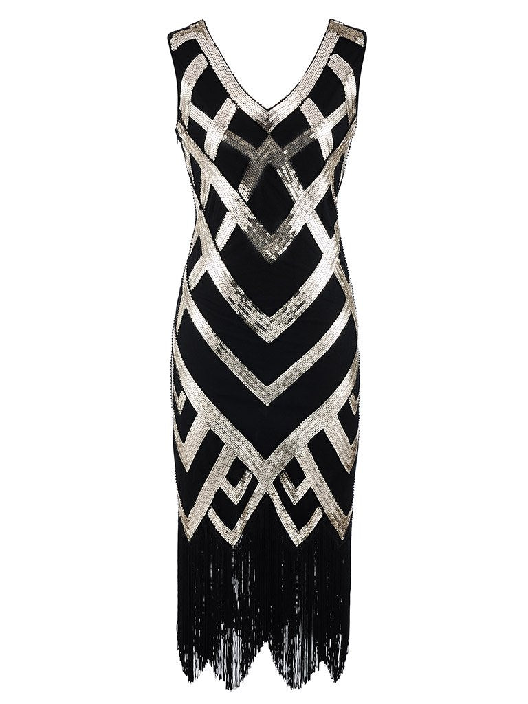white christmas dresses Black 1920s Retro Sequin Fringed Flapper Dress, Black Gold / M