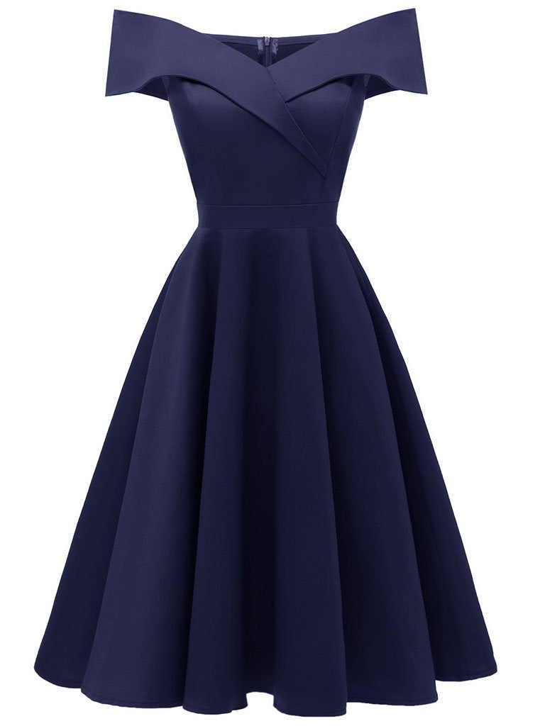 Navy 1950s Off Shoulder Swing Dress