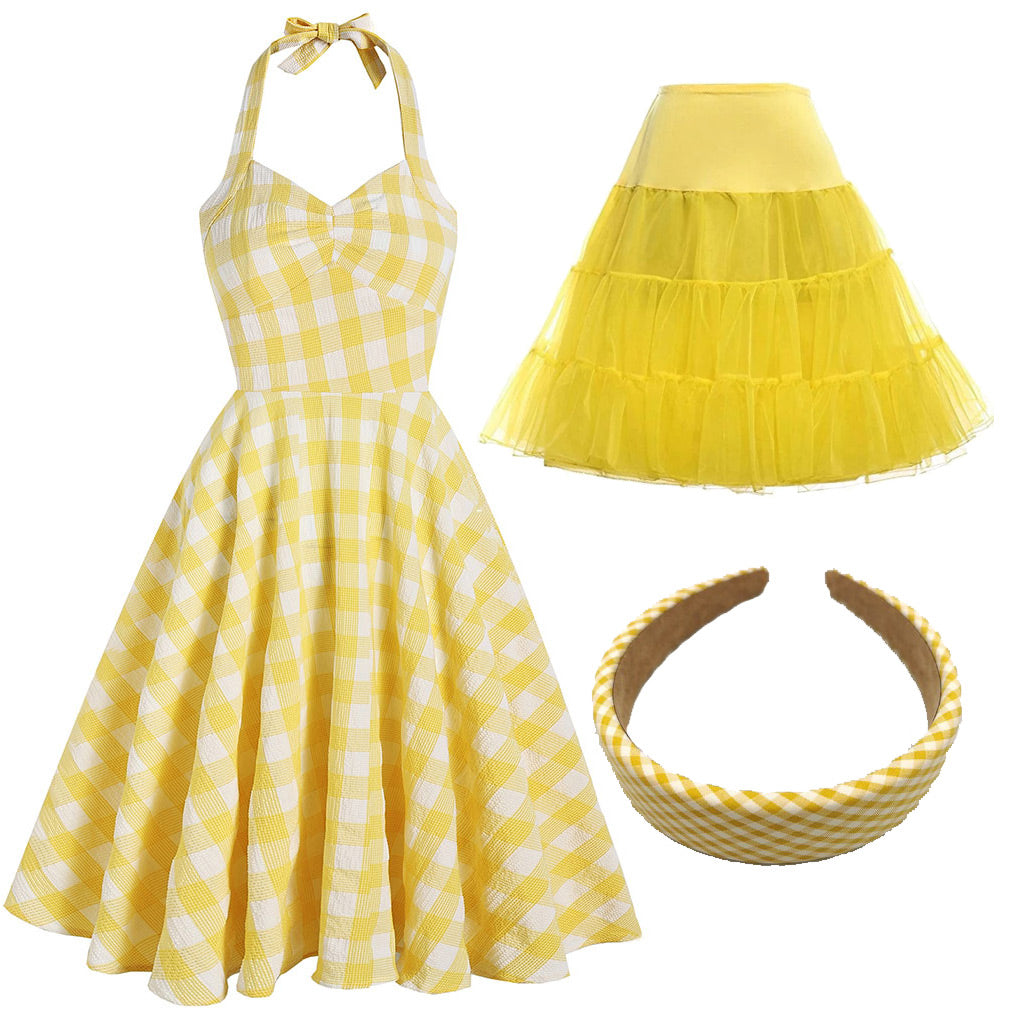 Yellow And White Plaid Halter Classis Style 1950S Dress Set, Yellow / M Yellow And White Plaid Halter Classis Style 1950S Dress Set, Yellow / M
