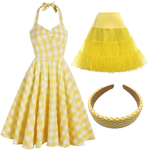Yellow And White Plaid Halter Classis Style 1950S Dress Set