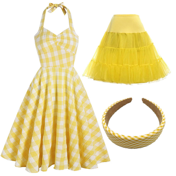 Yellow And White Plaid Halter Classis Style 1950S Dress Set