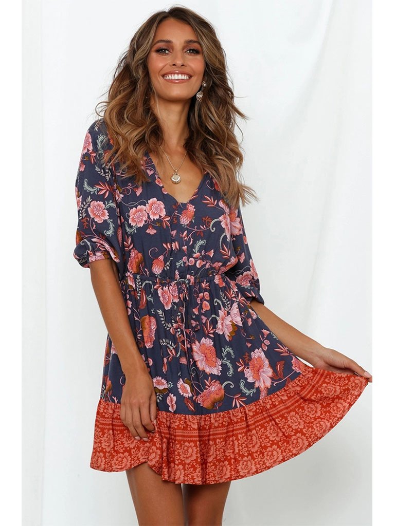 jovani light blue sparkly dress Women's Boho Dress Floral Printed V Neck Beach Dress Half Sleeve, Navy / S