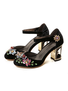 Luxury Womens Rhinestone Embroidery Crystal Flower Mary Janes Pumps