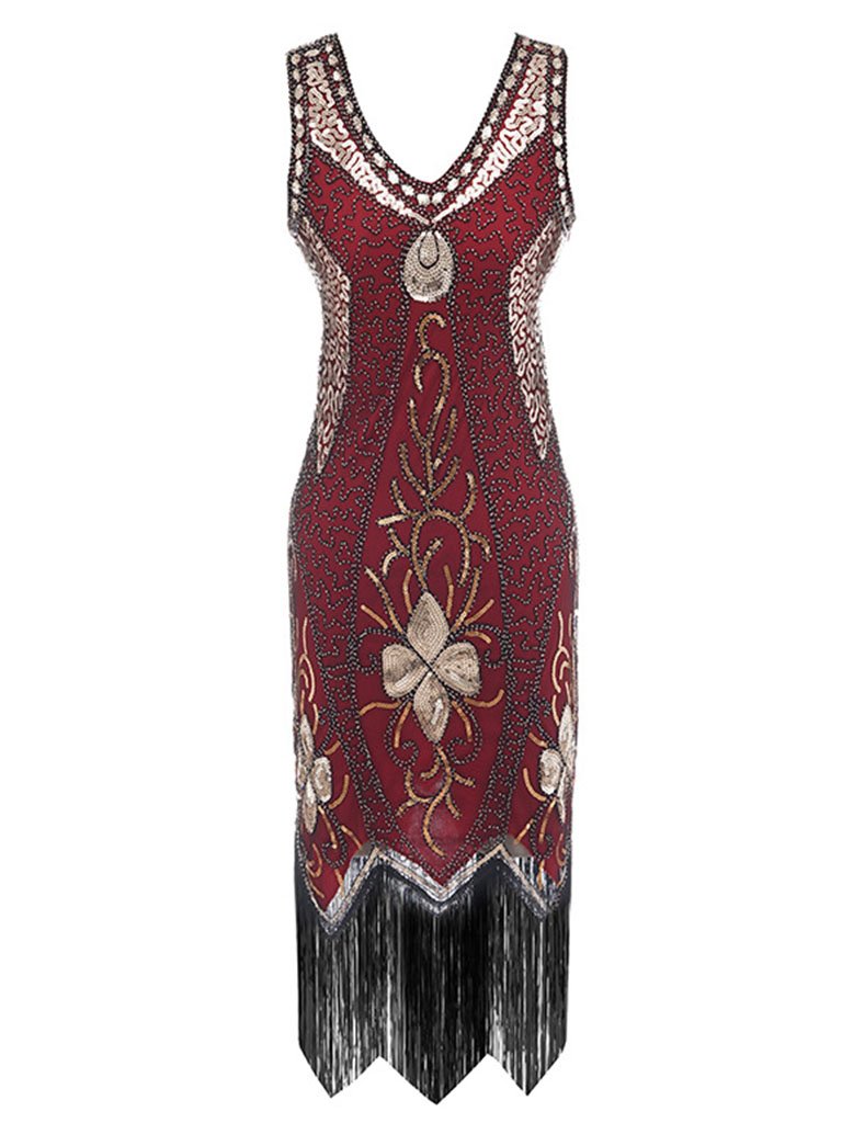 4 Color 1920S Sequined Fringe Peacock Flapper Dress, Wine Red / 3XL 4 Color 1920S Sequined Fringe Peacock Flapper Dress, Wine Red / 3XL