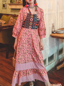 Women's Bohemian Floral Printed Embroidered Square Neck 3/4 Pleated Sleeve Boho Maxi Dress