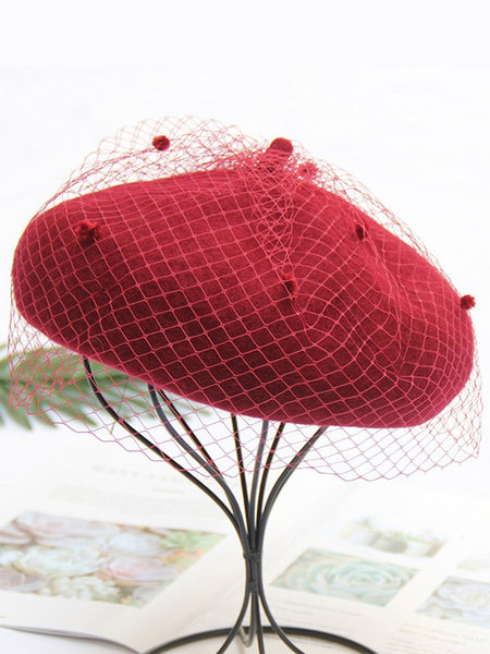Solid Color Wool Felt Beret Cap Hat With Veil – Jolly Vintage display picture 1