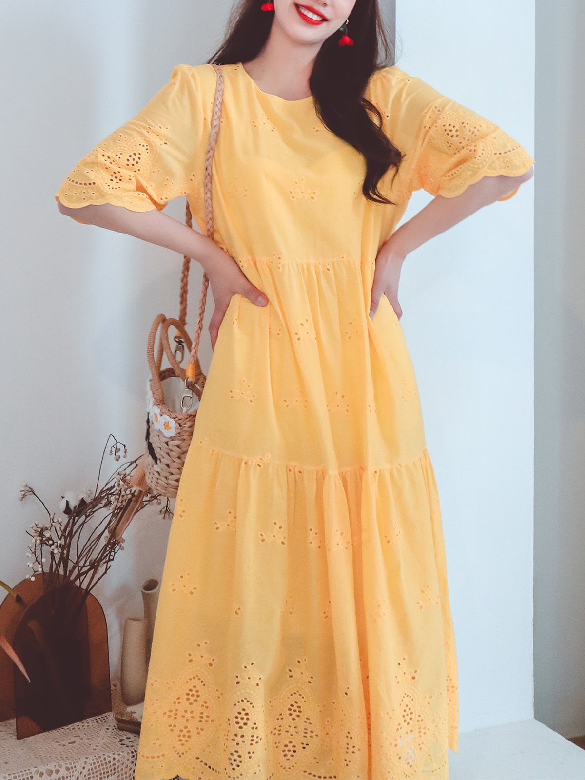 vintage boho midi dress Jolly Vintage Women's Embroidered Solid Backgrand Half Sleeves Boho Midi Dress, Yellow / M