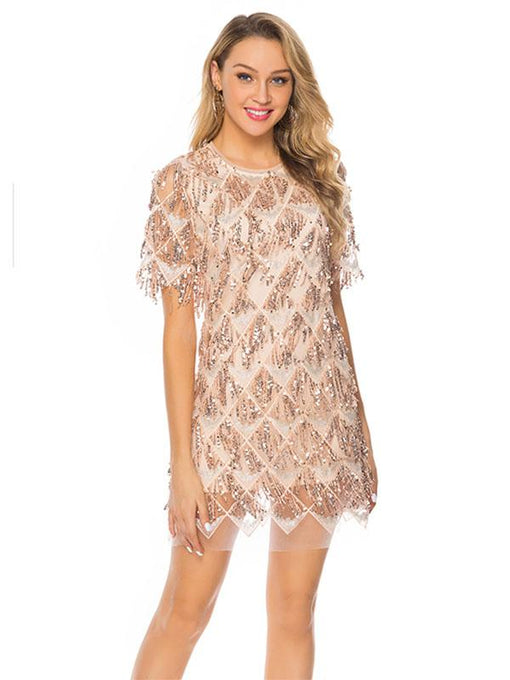 Sequin O Neck  Fringe Party Prom Dress