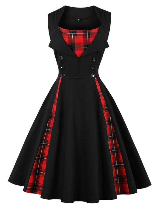 Plaid Square Neck Slim Fit Vintage Dress