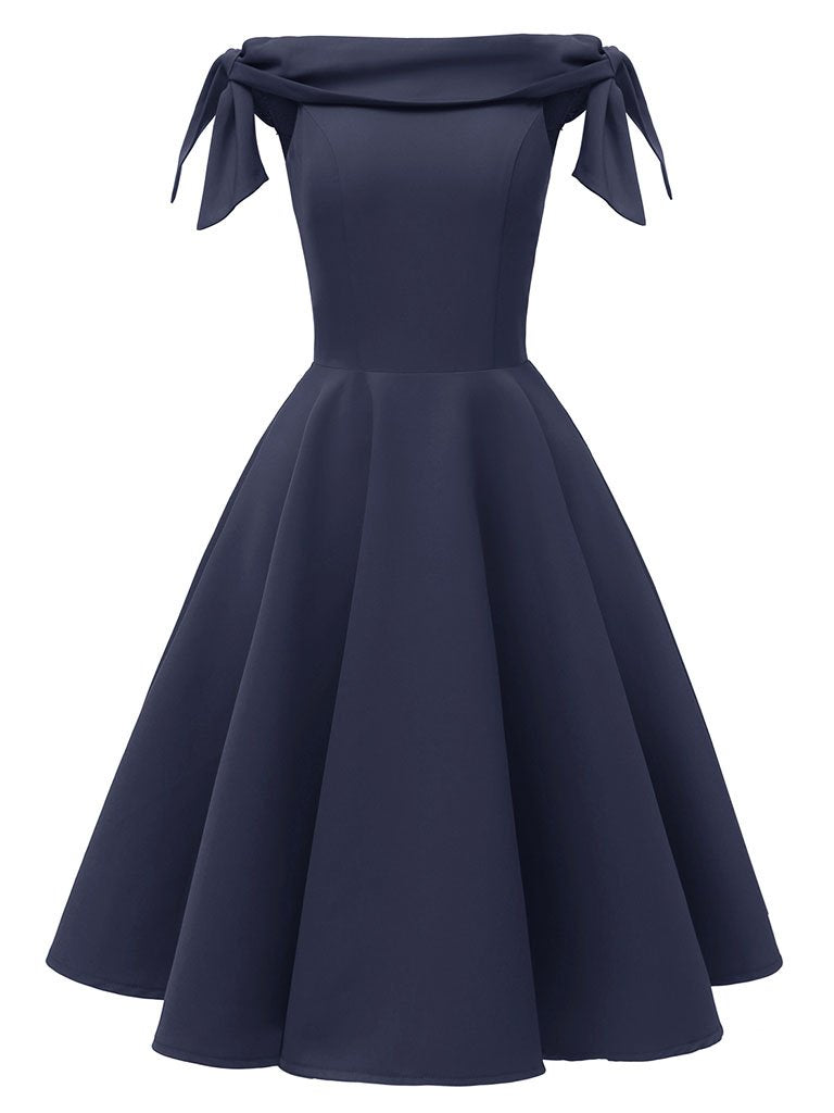 Wine Red 1950s Off Shoulder Bow Dress