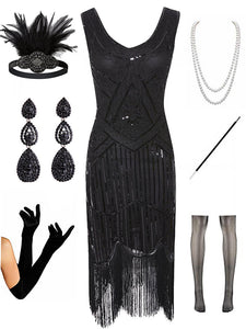 Sequined Fringed Flapper 20S Dress Set