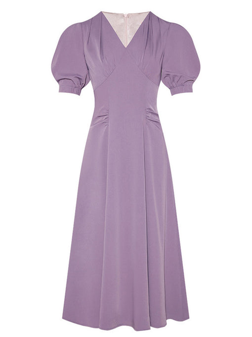 Lavender V Neck Puff Sleeve Swing Vintage Style 1940S Dress