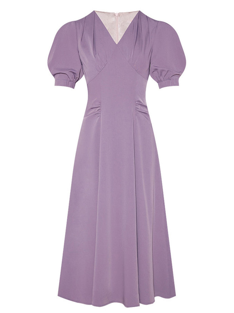Lavender V Neck Puff Sleeve Swing Vintage Style 1940S Dress