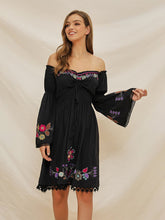 Load image into Gallery viewer, Women&#39;s Boho Dress Black Off Shoulder Floral Embroidered Dress