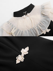 White Semi Sheer Ruffles With Black Fishtail Cheongsam Dress