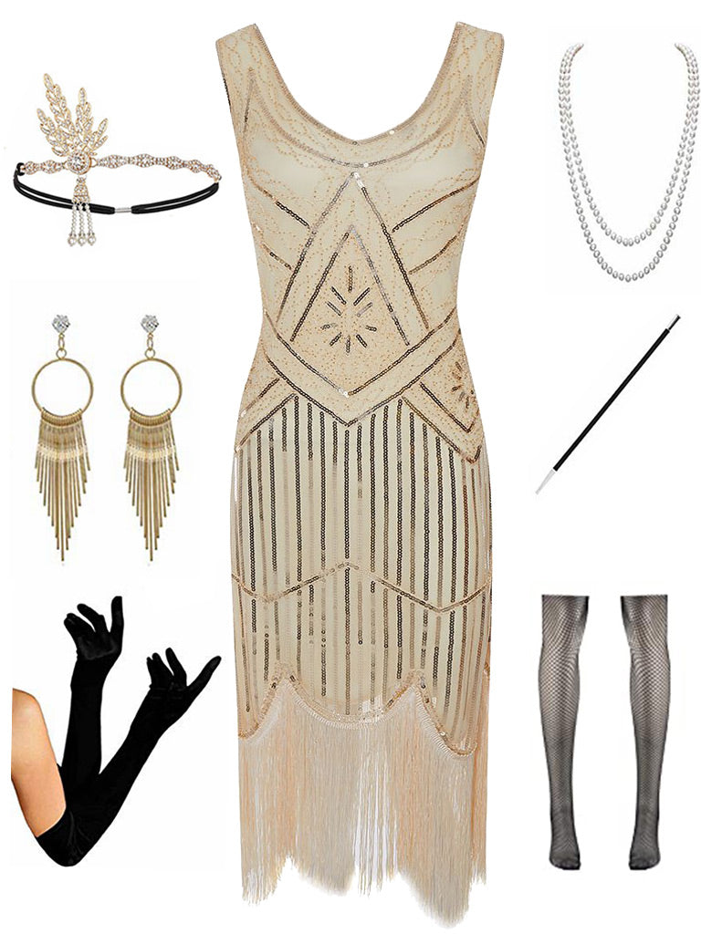 Sequined Fringed Flapper 20S Dress Set