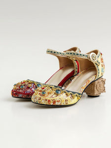 Luxurious Rhinestone Embroidery Floral Block Heel Ankle Strap Vintage Shoes