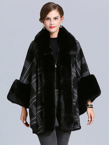 Plaid Women Poncho Sweater Faux Fur Coat Shawl Collar