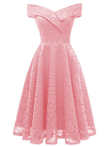 Solid Color Short Sleeve Off the Shoulder A line Vintage Party Dress