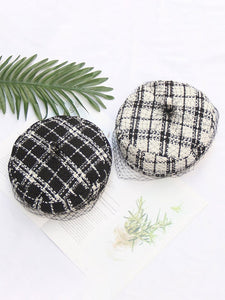 Black White Plaid Worsted Beret Hat Cap With Veil