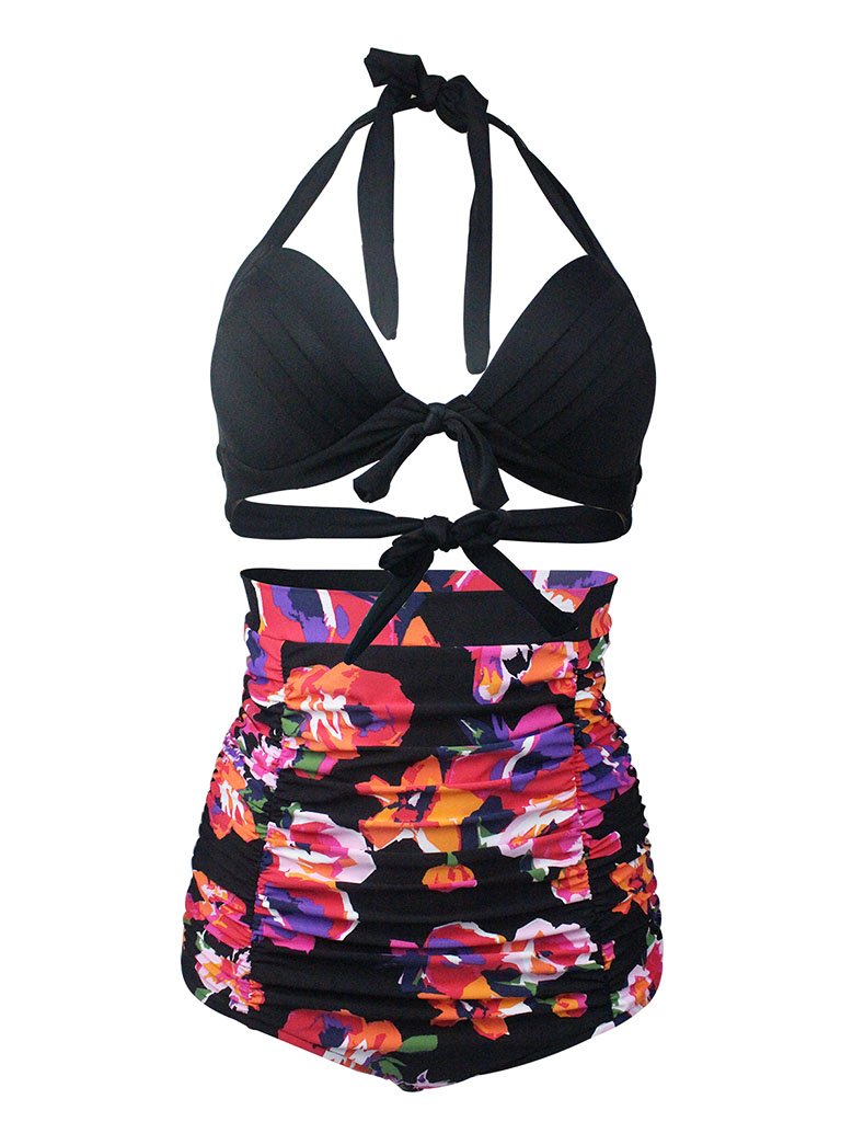 

Black Floral Print Halter Backless Retro Style Binikis Swimwear