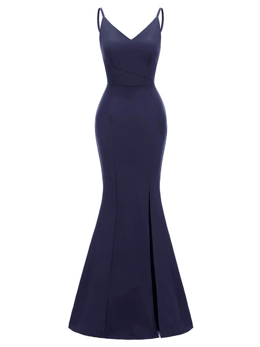 Sling Solid Color Backless Spilt Satin Vintage Party Maxi Dress