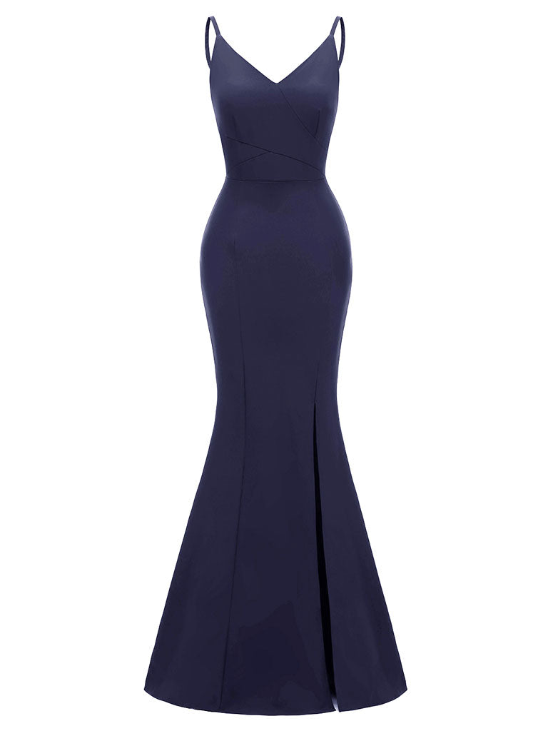 Sling Solid Color Backless Spilt Satin Vintage Party Maxi Dress