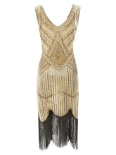 Load image into Gallery viewer, Gold 1920s V Neck Sequined Flapper Dress