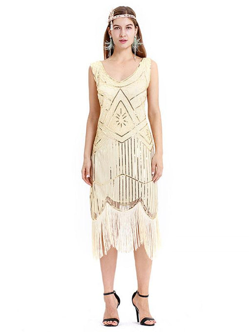 Apricot 1920s Crew Neck Sequined Fringed Flapper Dress
