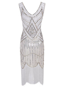 White 1920s V Neck Sequined Flapper Dress