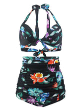 Load image into Gallery viewer, 
Black Floral 3D Print Halter Retro Style Bikinis swimsuits