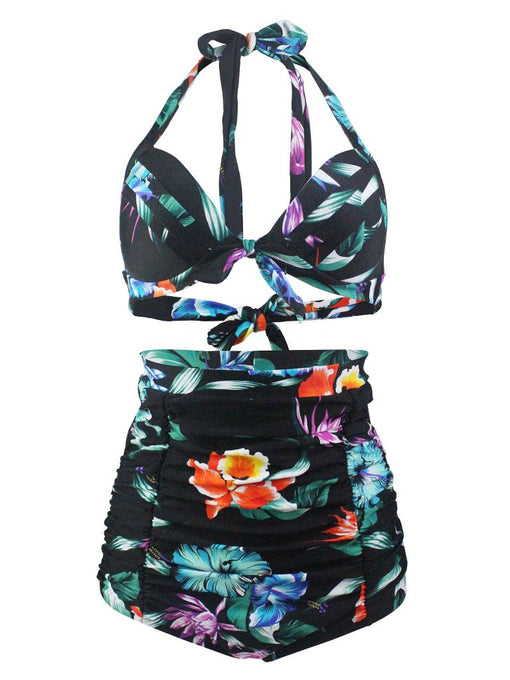 
Black Floral 3D Print Halter Retro Style Bikinis swimsuits